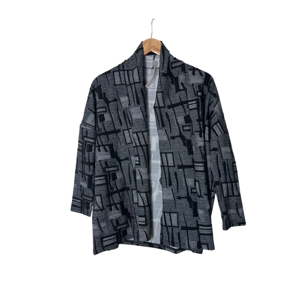 NWT 3 Potato Top Cardigan Grey Black Multi Open Front Art To Wear  XS/S 2542